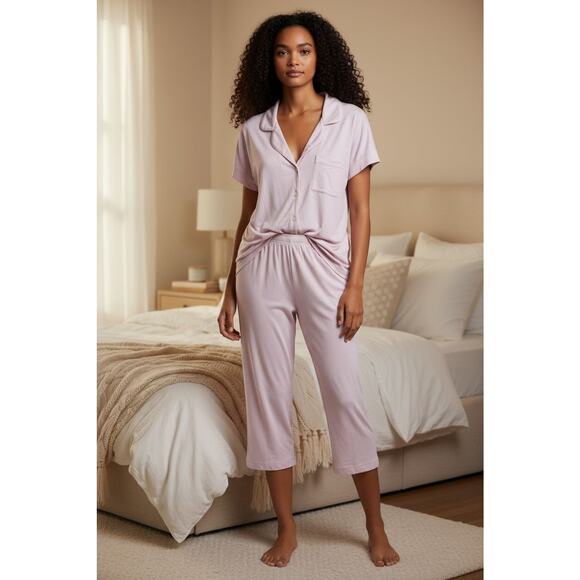 Eberjey Medium Pink & White Gisele TENCEL Modal Short Sleeve Cropped Pajamas Set - Picture 1 of 11